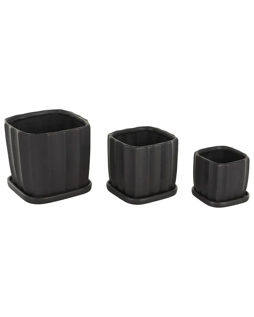 Set of 3 Ceramic Ribbed Indoor/Outdoor Planters - Black image