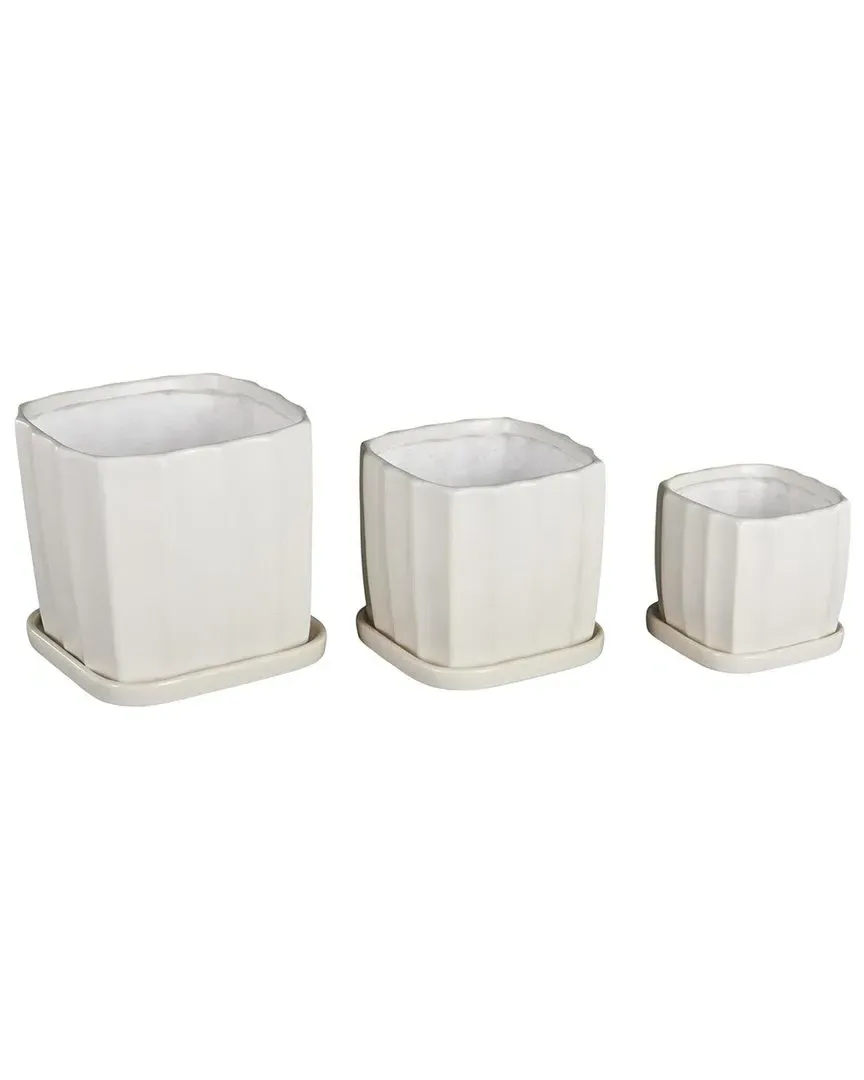 Set of 3 Ceramic Ribbed Indoor/Outdoor Planters - White