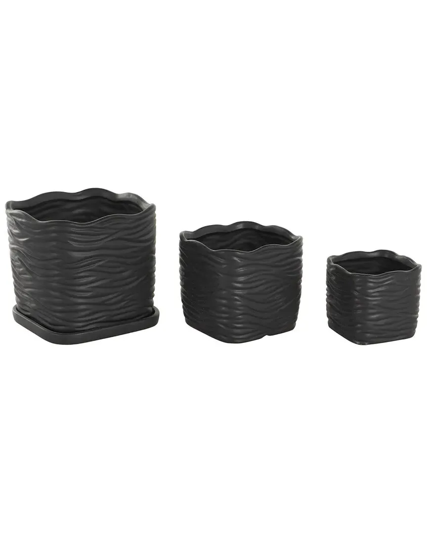 Set of 3 Ceramic Wavy Ribbed Indoor/Outdoor Planters - Black