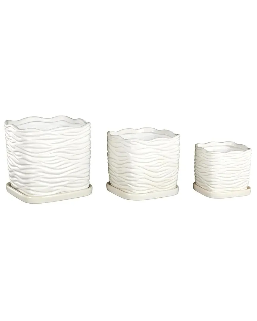 Set of 3 Ceramic Wavy Ribbed Indoor/Outdoor Planters - White