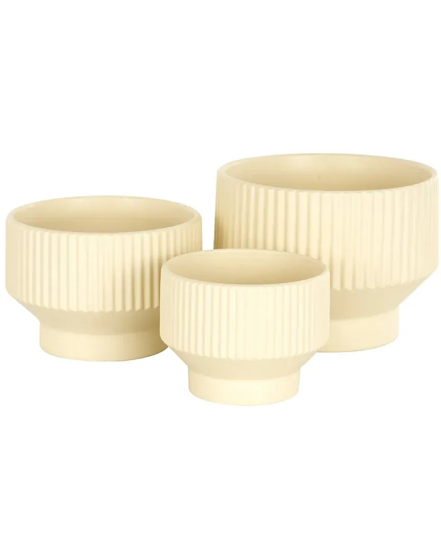 Set of 3 Ceramic Wide Grooved Planters - Cream