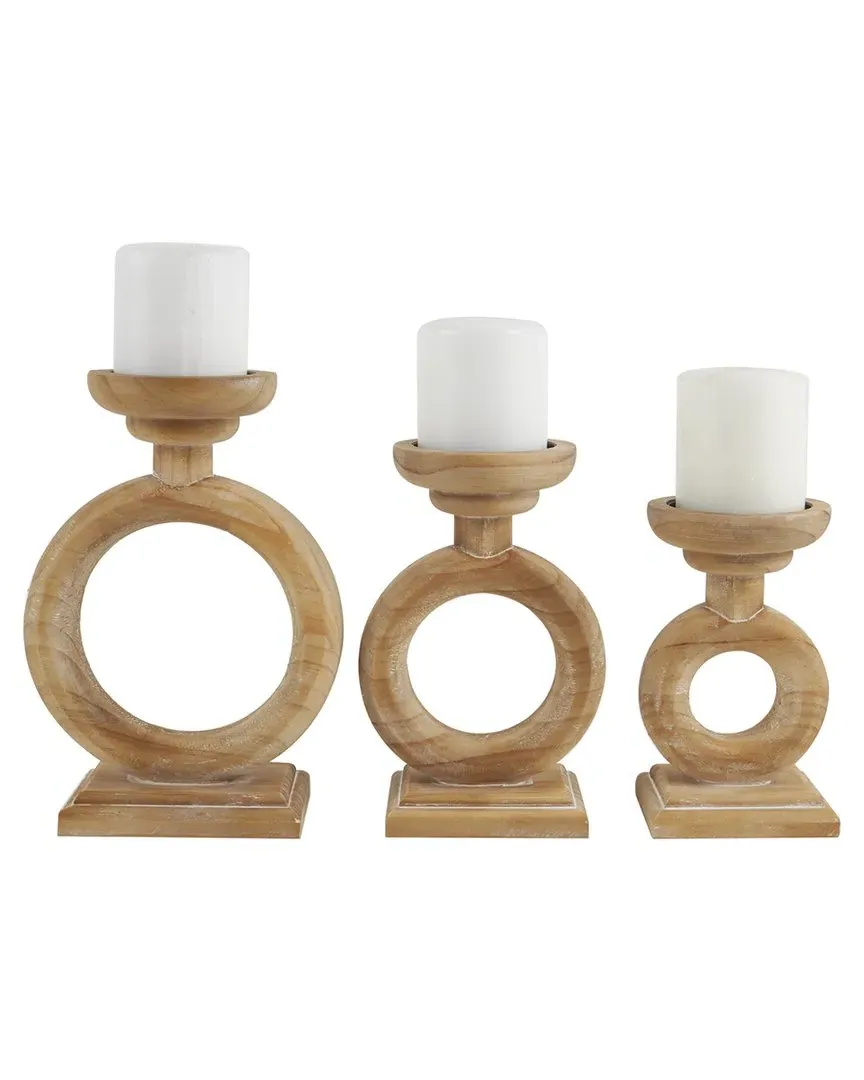 Set of 3 Circular Ring Candleholders - Brown, Pine image