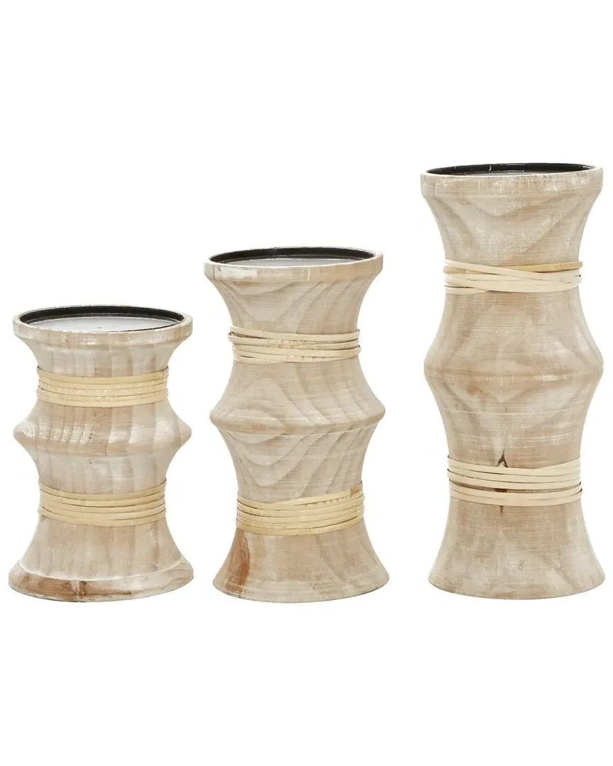 Set of 3 Coastal Candle Holders - Brown, Pine Wood
