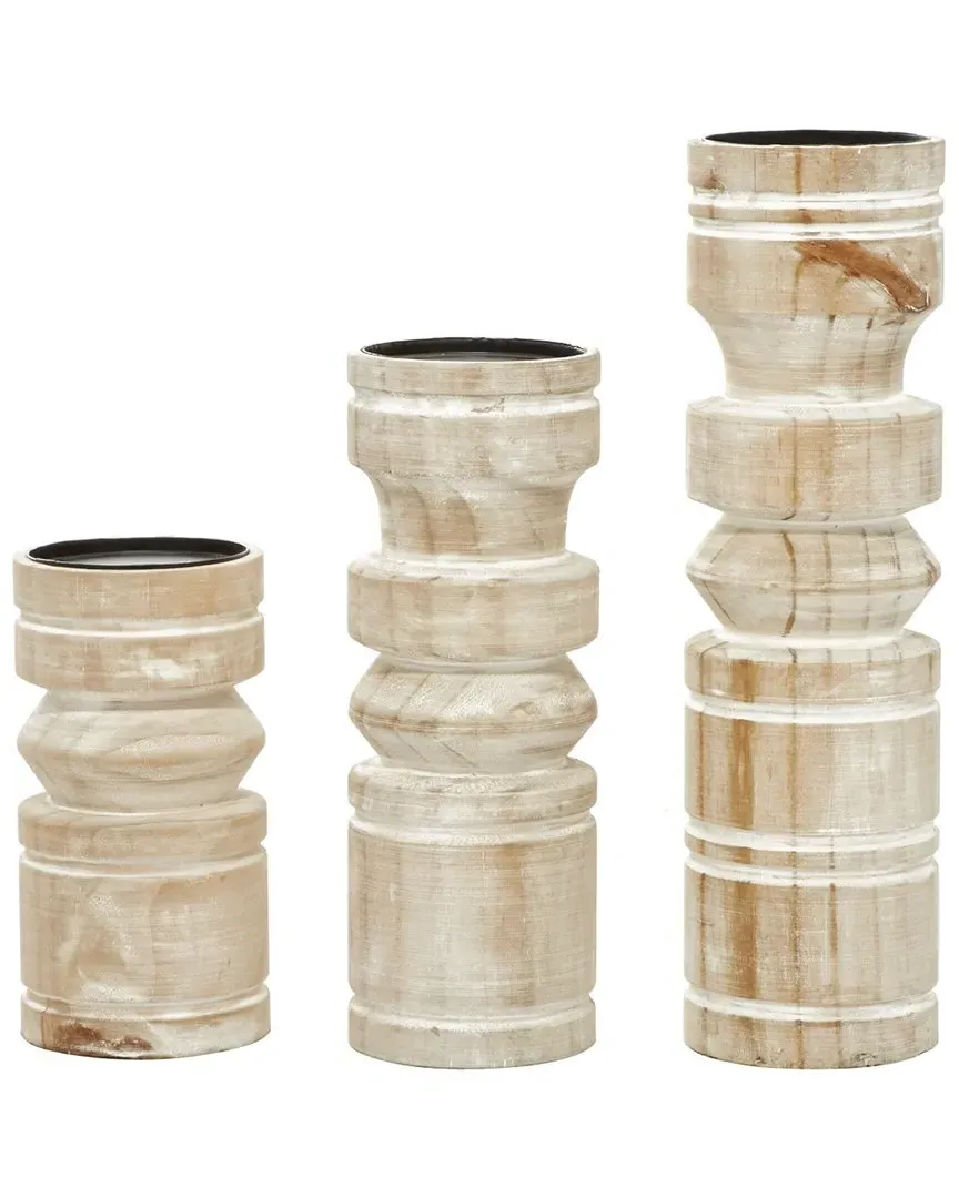 Set of 3 Coastal Candle Holders - Brown, Wood