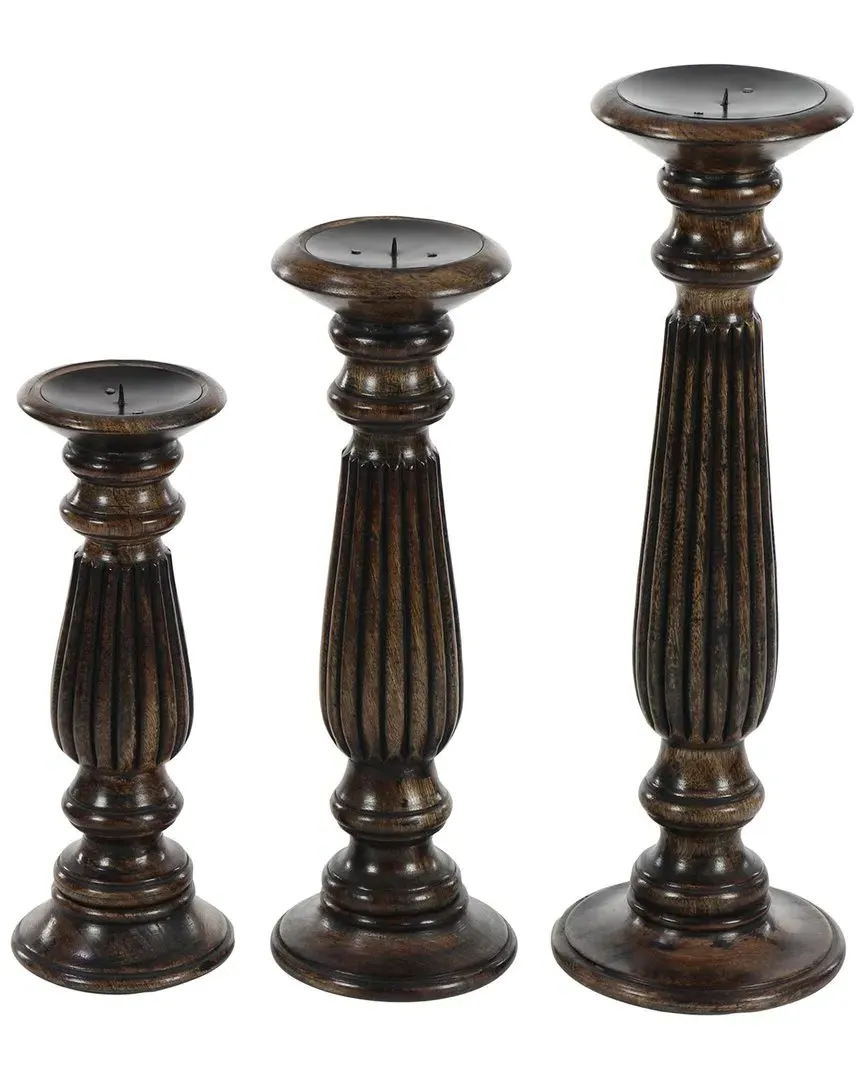 Set of 3 Decorative Candle Holders - Dark Brown, Mango Wood