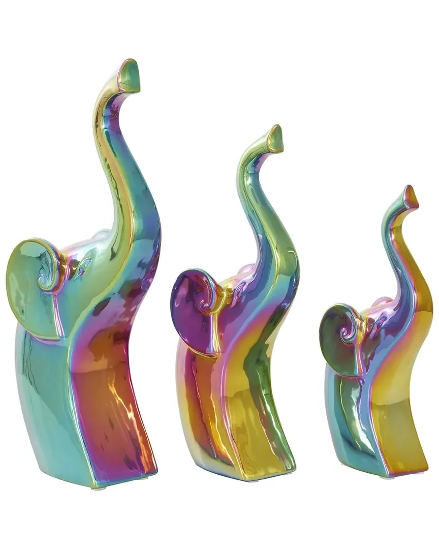 Set of 3 Elephant Ceramic Sculpture - Multicolor