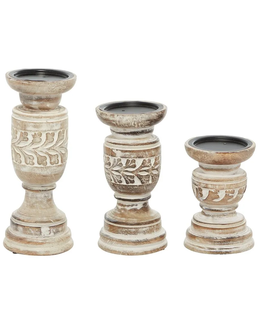 Set of 3 Floral Candle Holders - Beige, Wood
