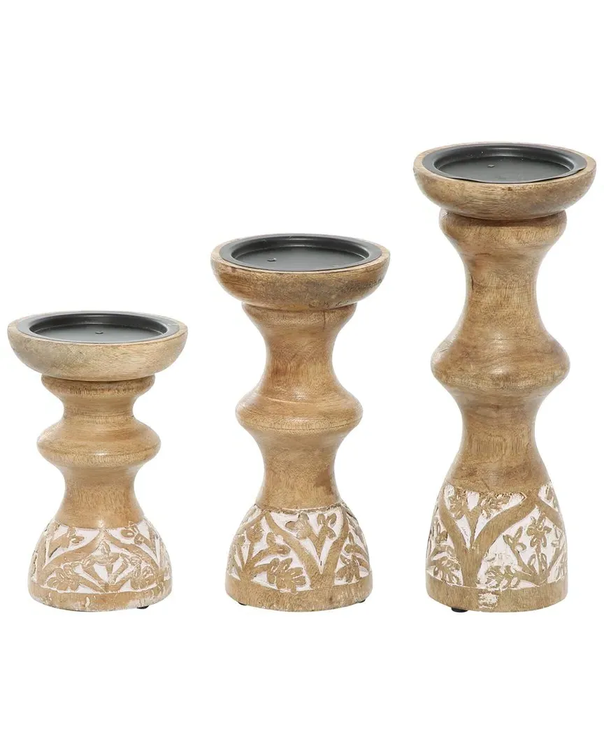 Set of 3 Floral Candle Holders - Brown, Wood