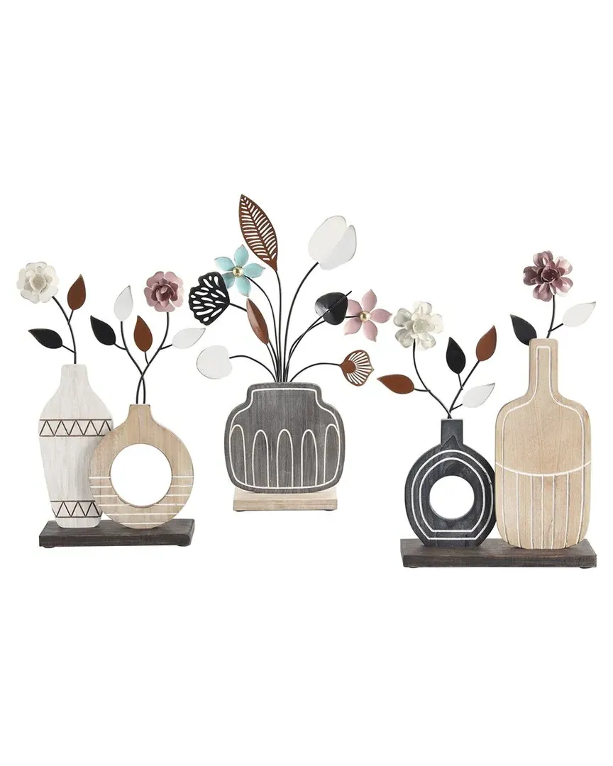 Set of 3 Floral Vase Sculptures - Multicolor, MDF