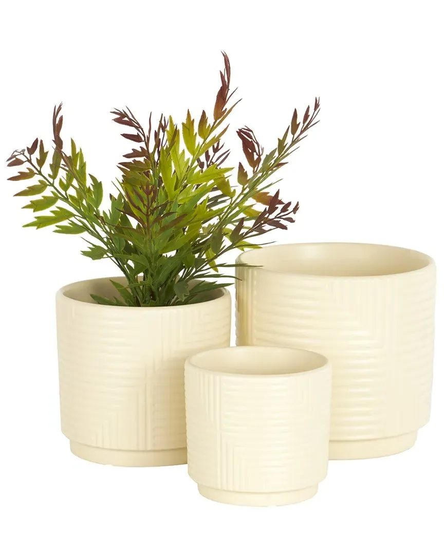 Set of 3 Geometric Ceramic Planters - Cream