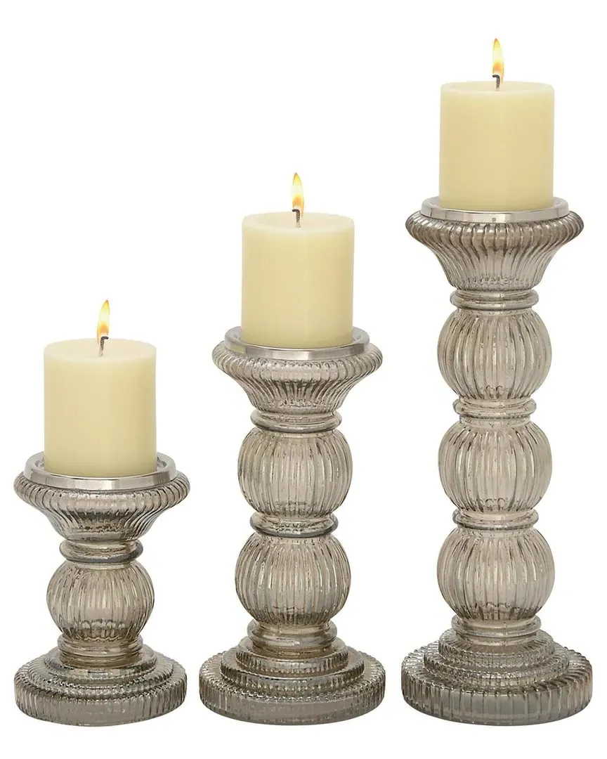 Set of 3 Handmade Glass Pillar Candle Holders - Gray