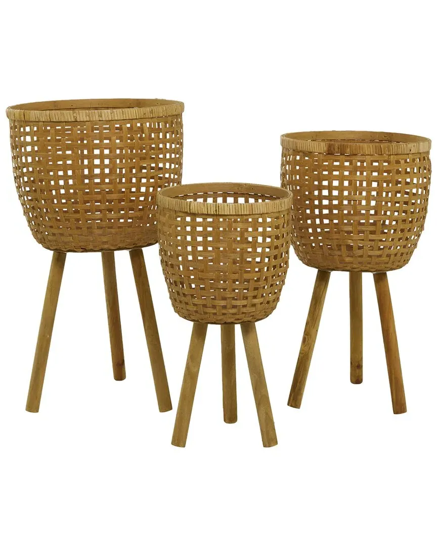 Set of 3 Handmade Woven Basket Planters - Brown, Bamboo