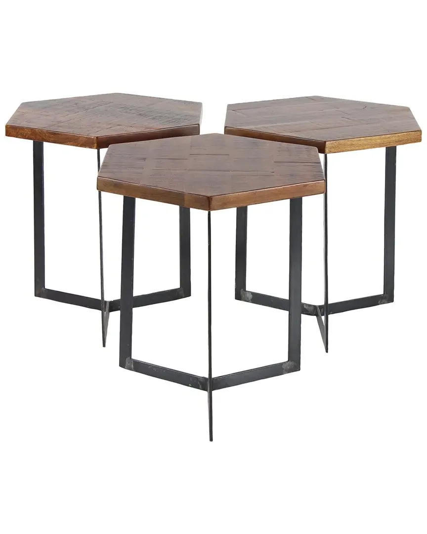 Set of 3 Hexagon Accent Tables - Brown, Mango Wood