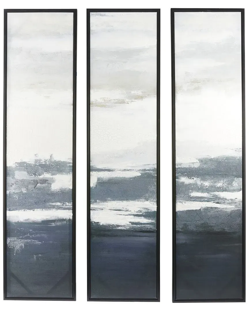 Set of 3 Landscape Canvas Abstract Textured Panel Wall Art - Black