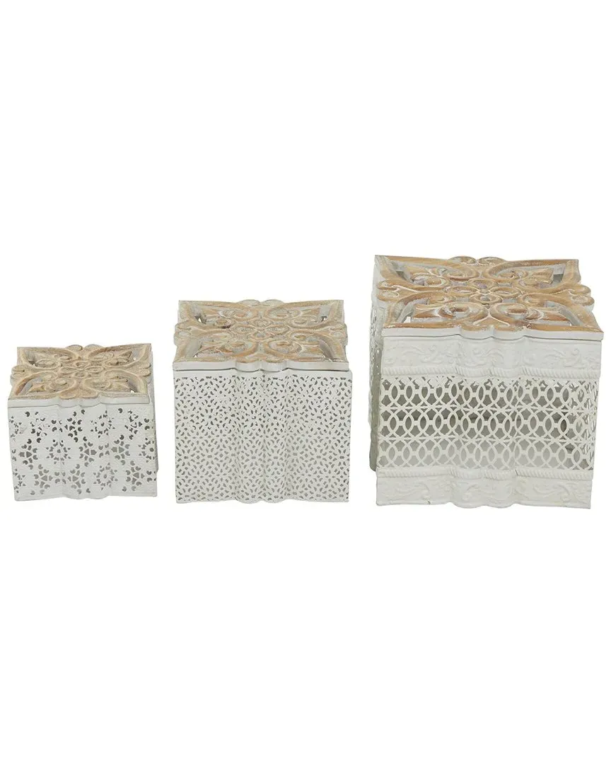 Set Of 3 Laser Cut Decorative Jars with Carved Wood Lids - White image