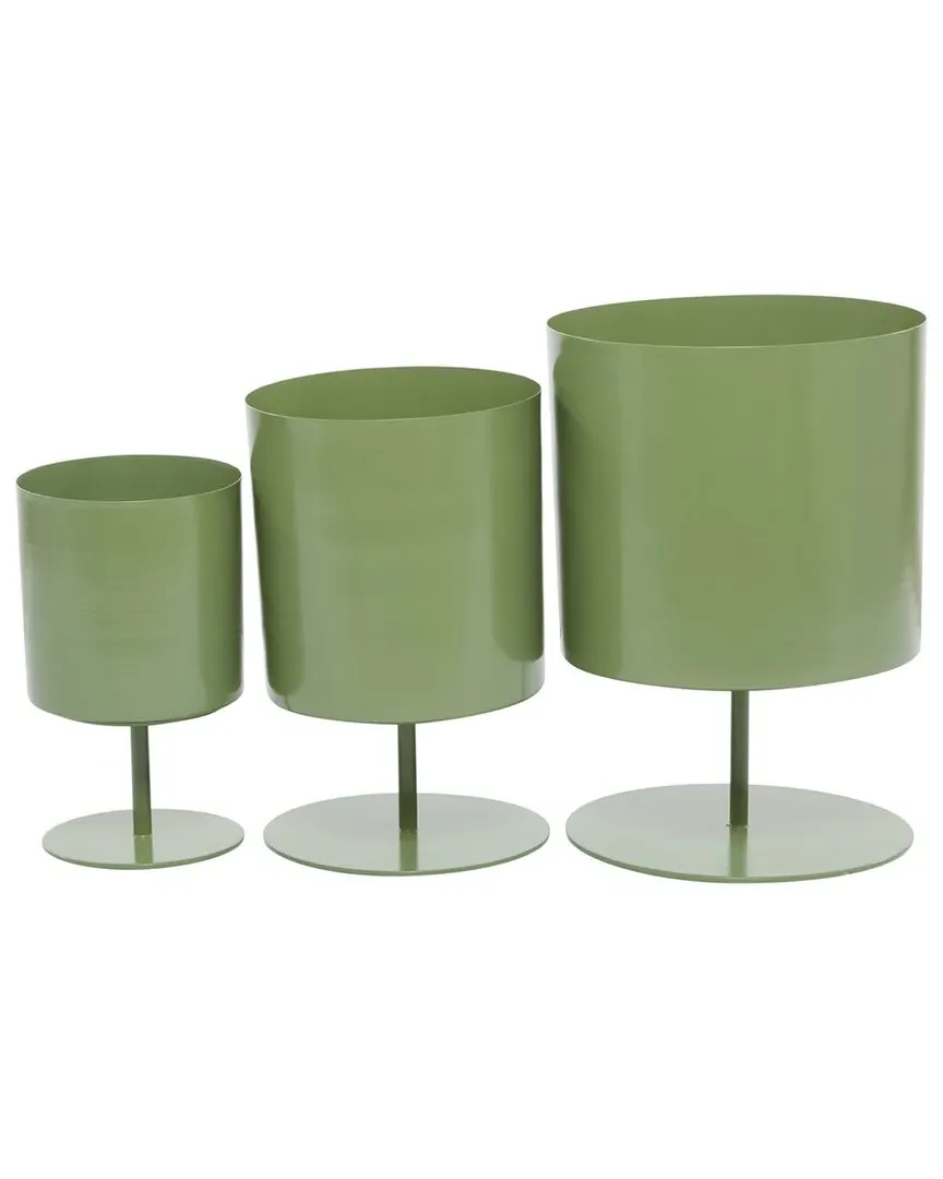 Set of 3 Metal Indoor Outdoor Planter with Pedestal Base - Green, Iron
