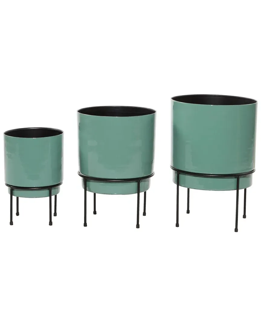 Set of 3 Metal Indoor Outdoor Planter with Stand - Teal, Iron