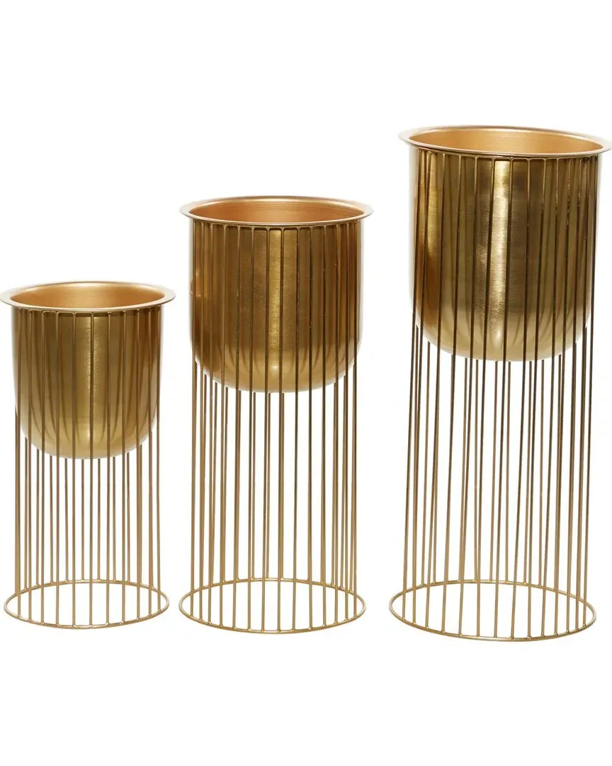 Set of 3 Metal Planters with Stands - Gold, Iron