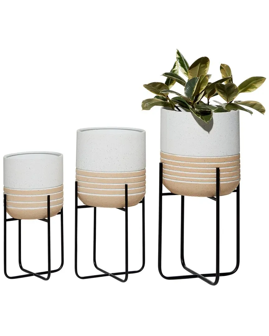 Set of 3 Metal Planters with Stands - White, Iron