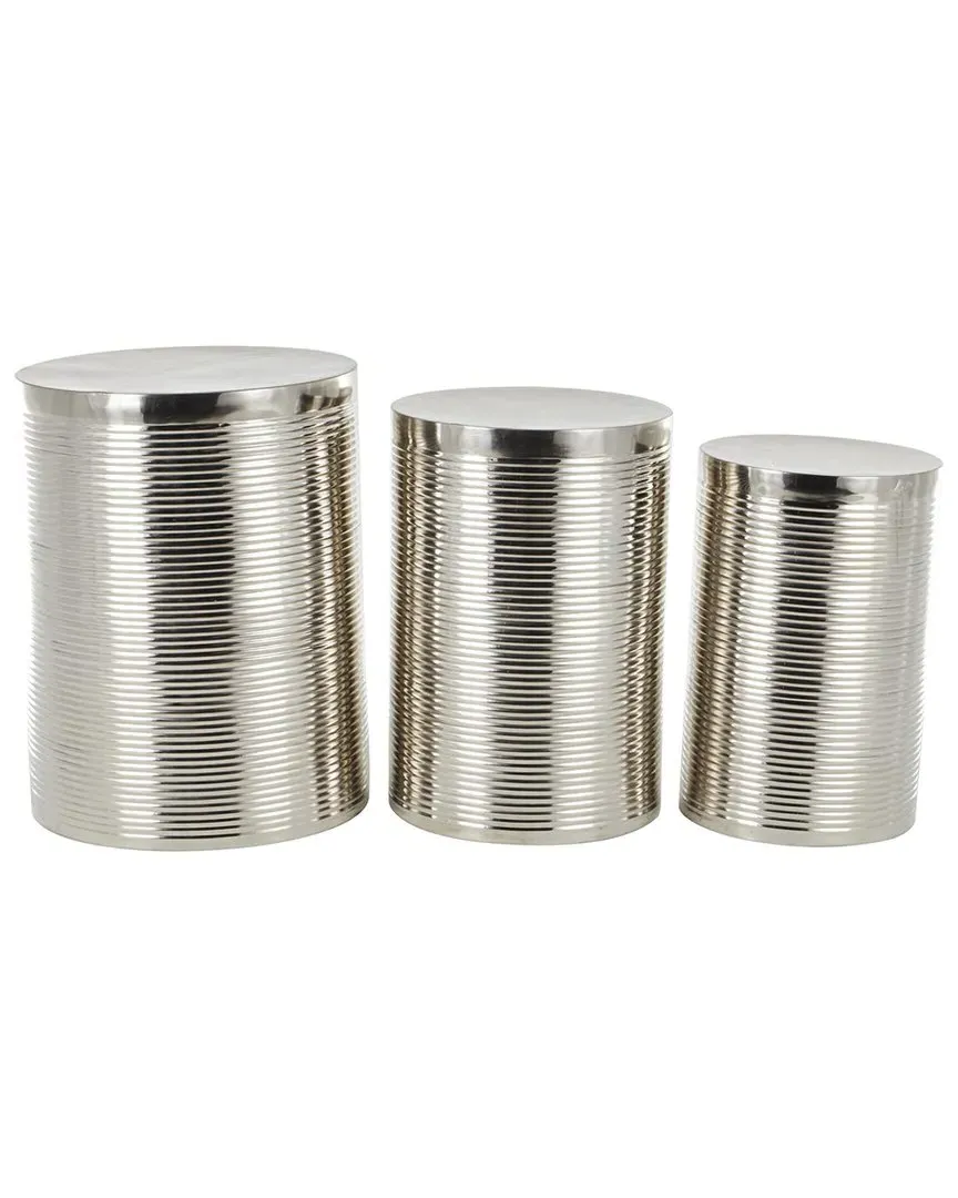 Set of 3 Ribbed Drum Accent Tables - Silver, Iron
