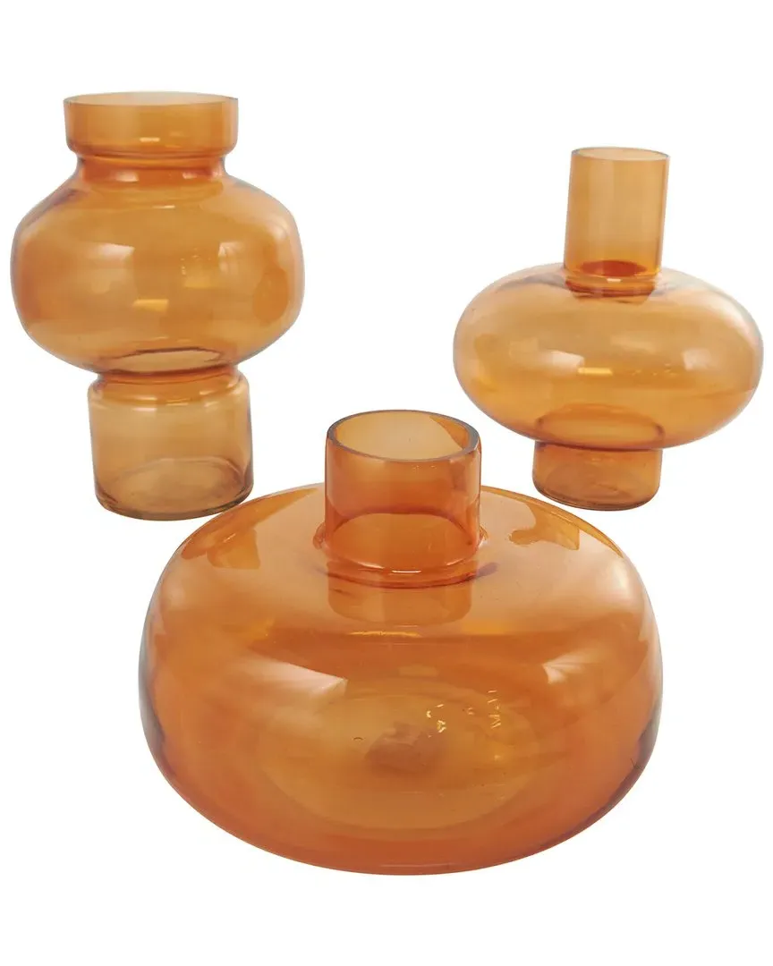 Set of 3 Round Decorative Vases - Orange, Glass