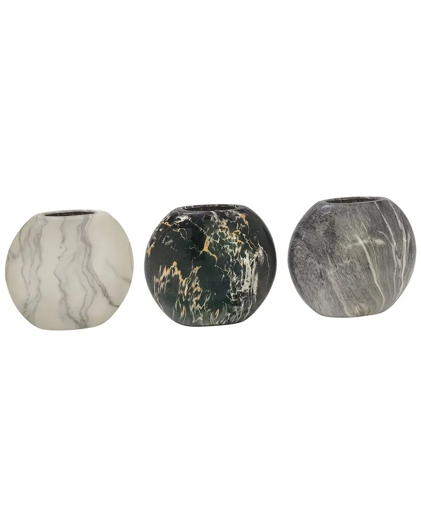 Set of 3 Round Marble Vases - Grey, Stoneware