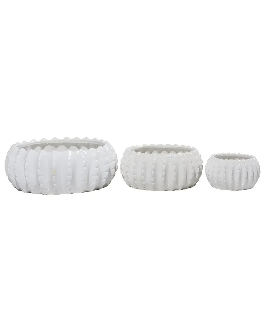 Set of 3 Round Stoneware Planters - White