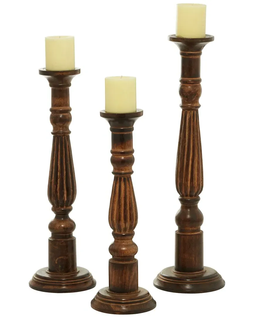 Set of 3 Solid Mango Wood Candle Holders - Brown