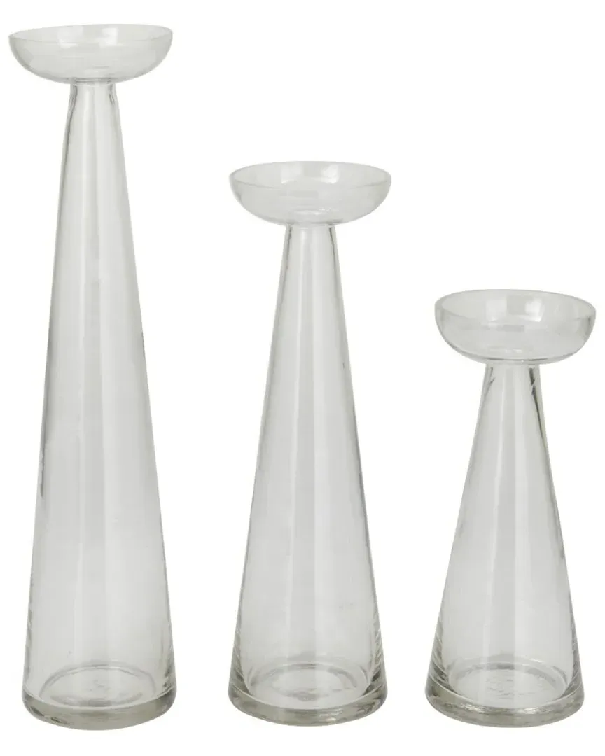 Set of 3 Tapered Cone Candle Holders - Clear Glass