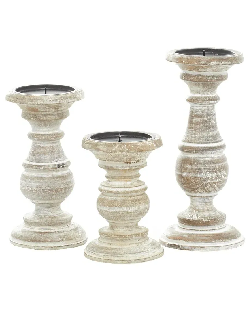 Set of 3 Turned Pillar Candle Holders - Cream, Mango Wood