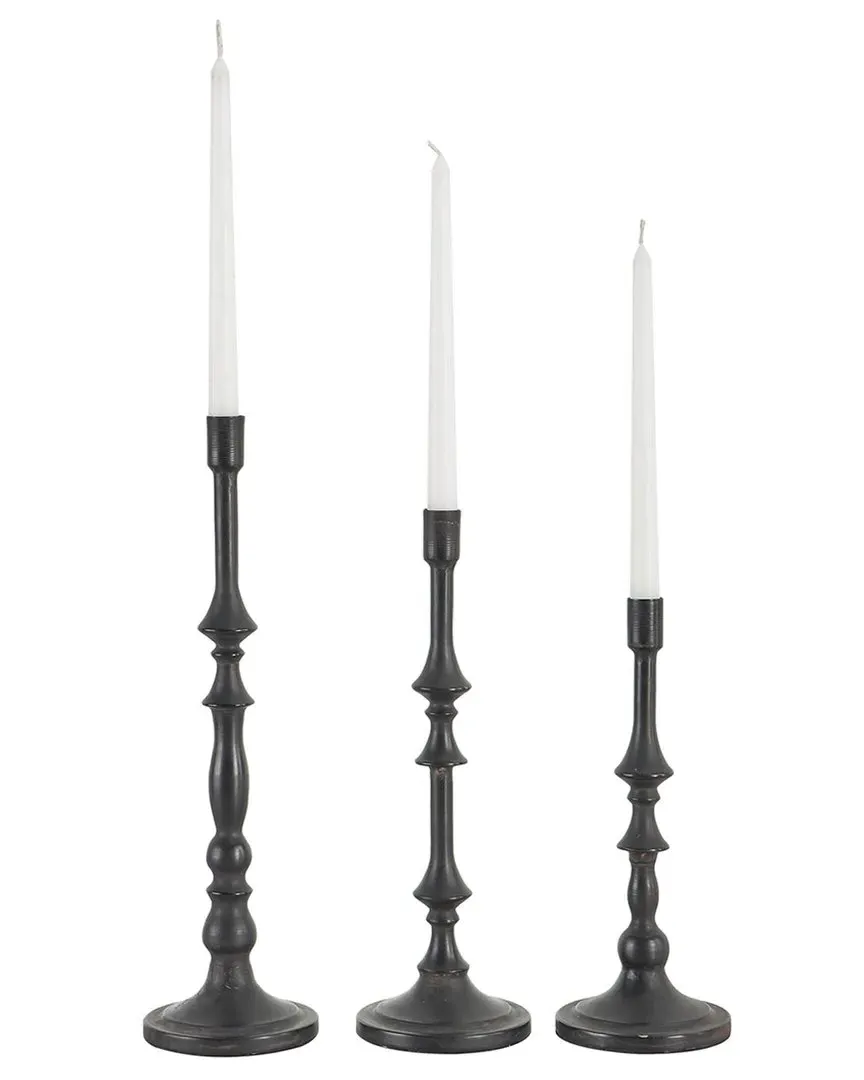 Set of 3 Turned Taper Candle Holders - Black, Iron