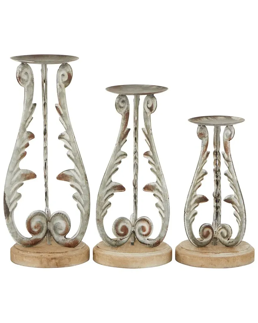 Set of 3 Vintage Candle Holders - Silver, Metal & Wood