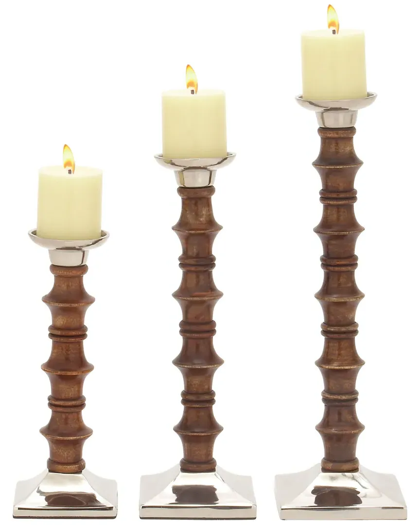 Set of 3 Wood & Aluminum Candle Holders - Mahogany Brown