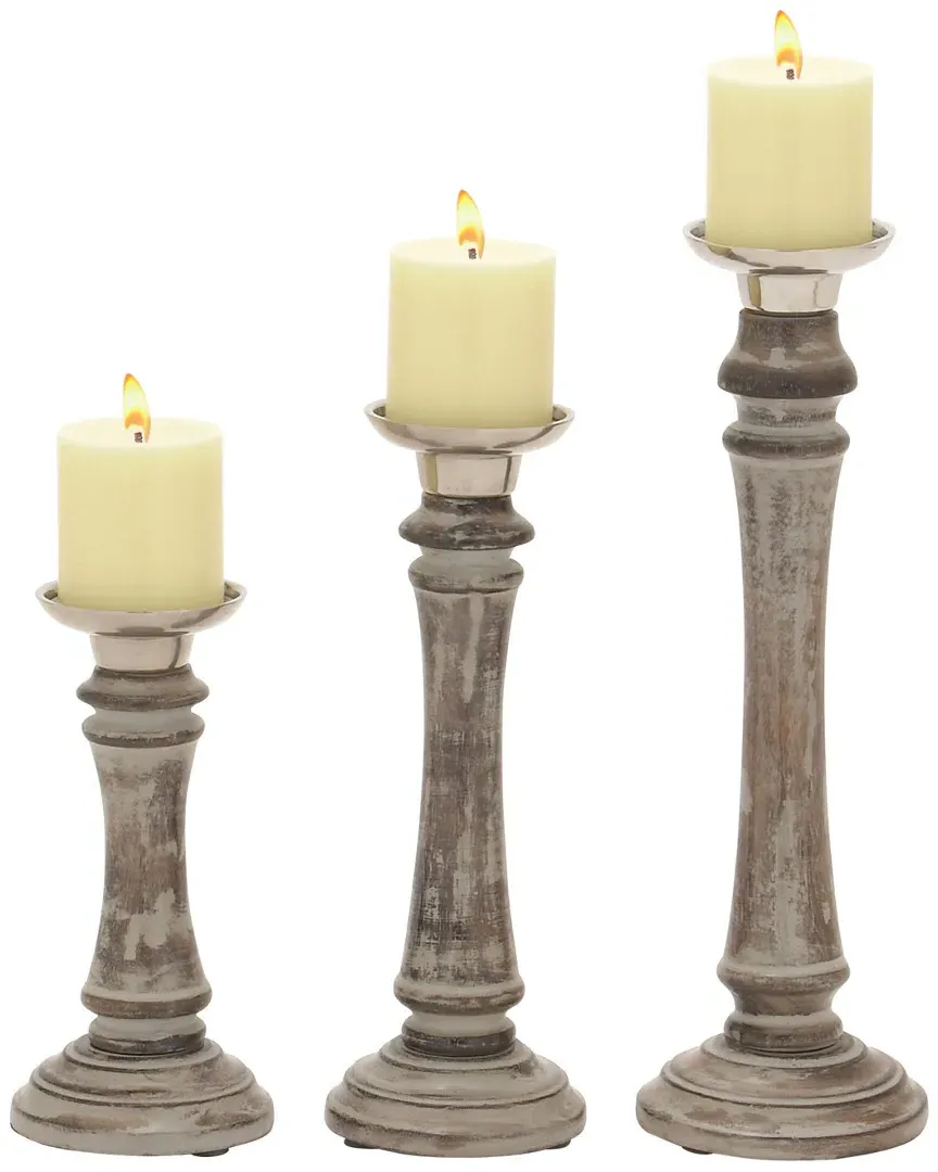 Set of 3 Wood & Aluminum Candle Holders - Mahogany Brown
