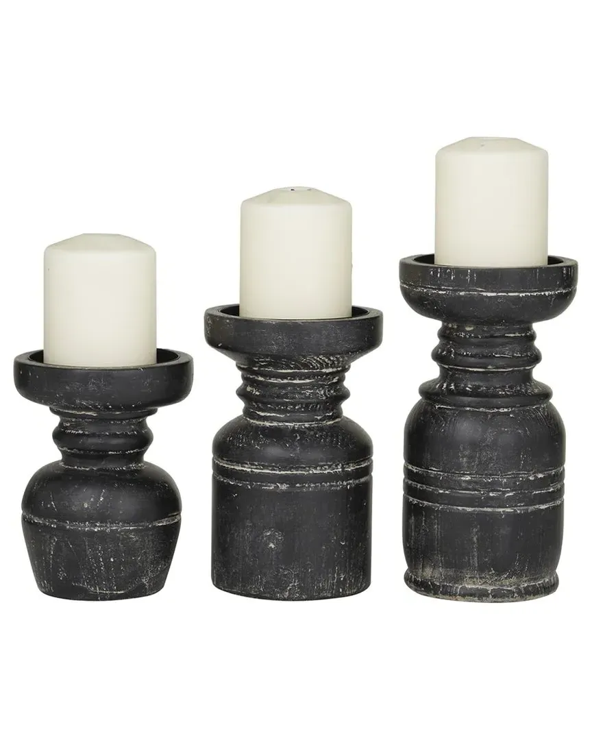 Set of 3 Wood Candle Holders - Black