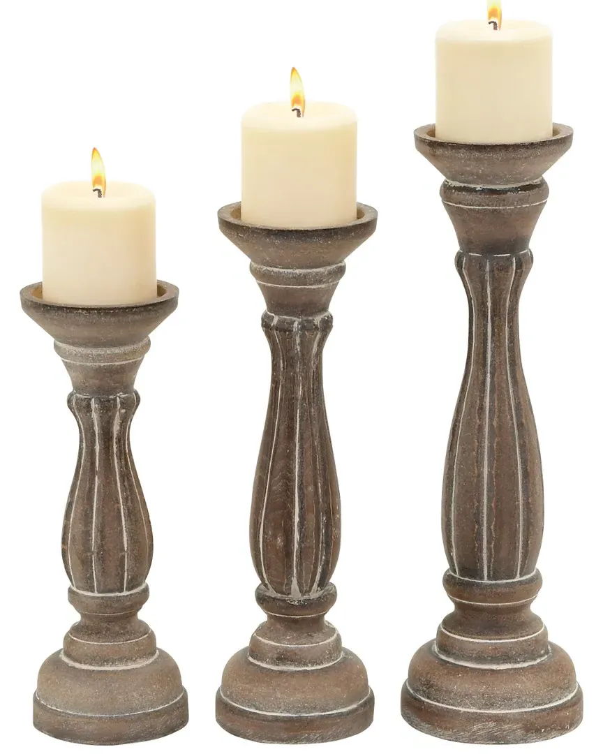 Set of 3 Wood Candle Holders - Brown