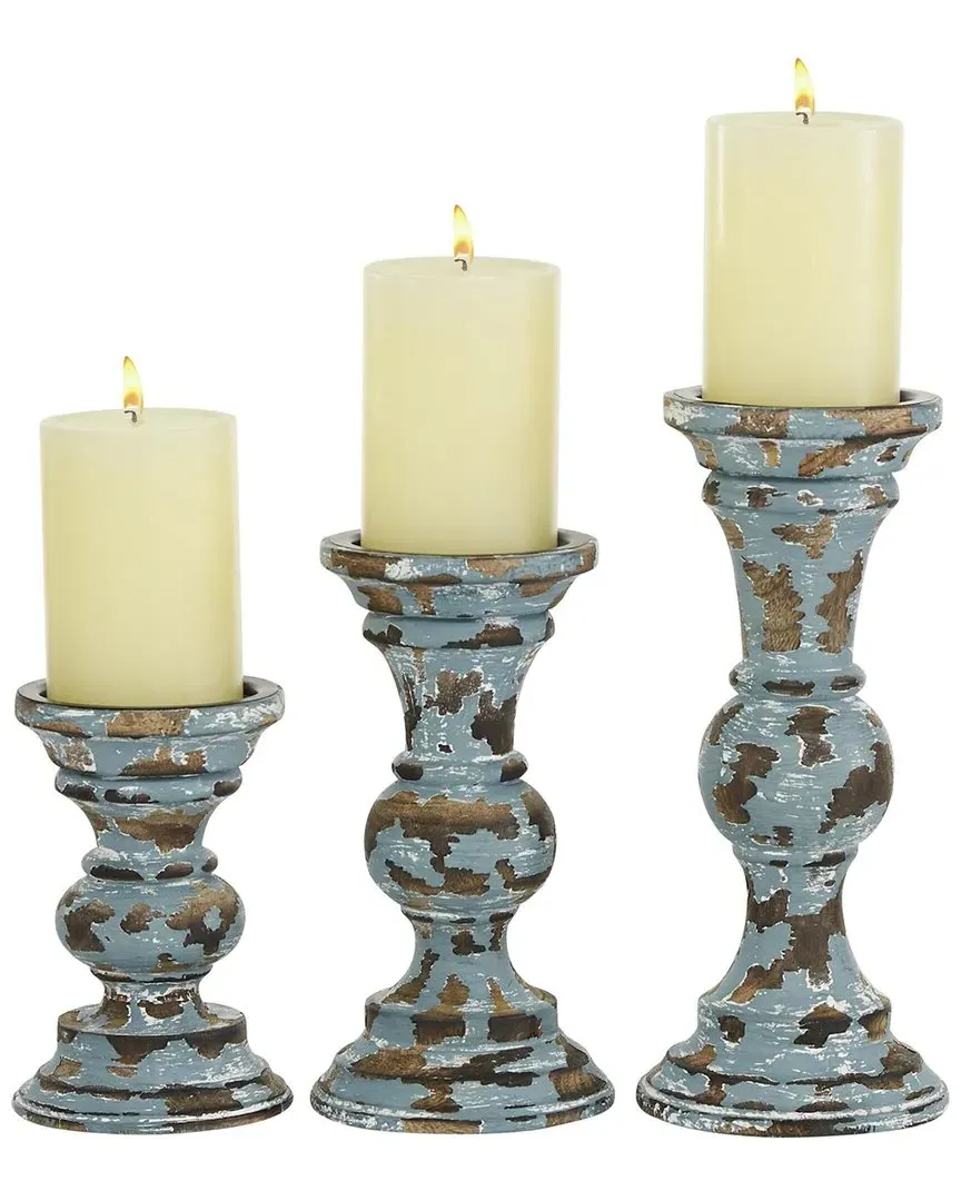 Set of 3 Wood Candle Holders - Light Blue image