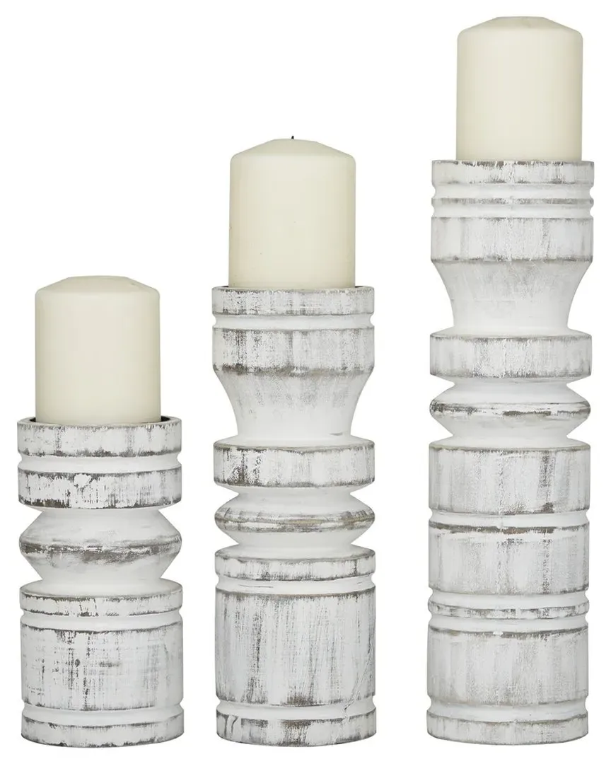 Set of 3 Wood Coastal Candle Holders - White