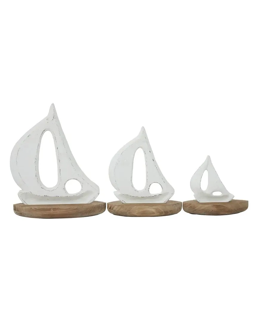 Set of 3 Wood Coastal Sculptures - White