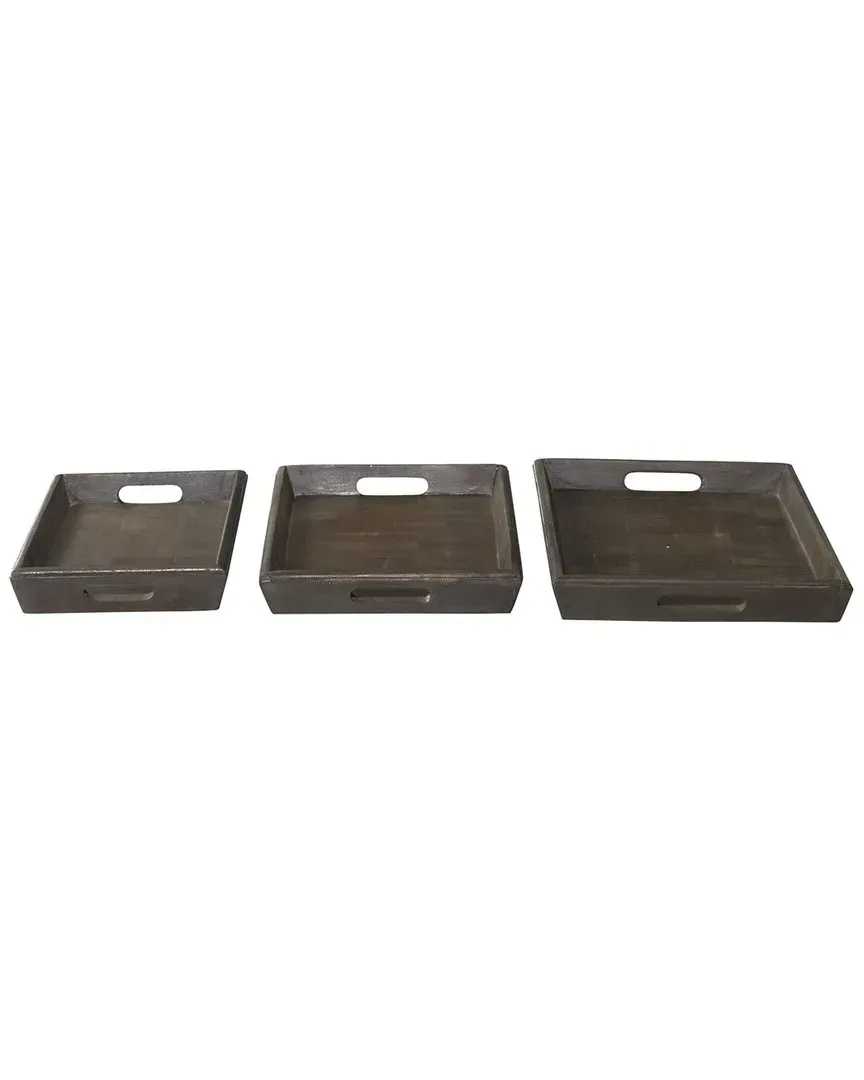 Set of 3 Wood Trays - Brown