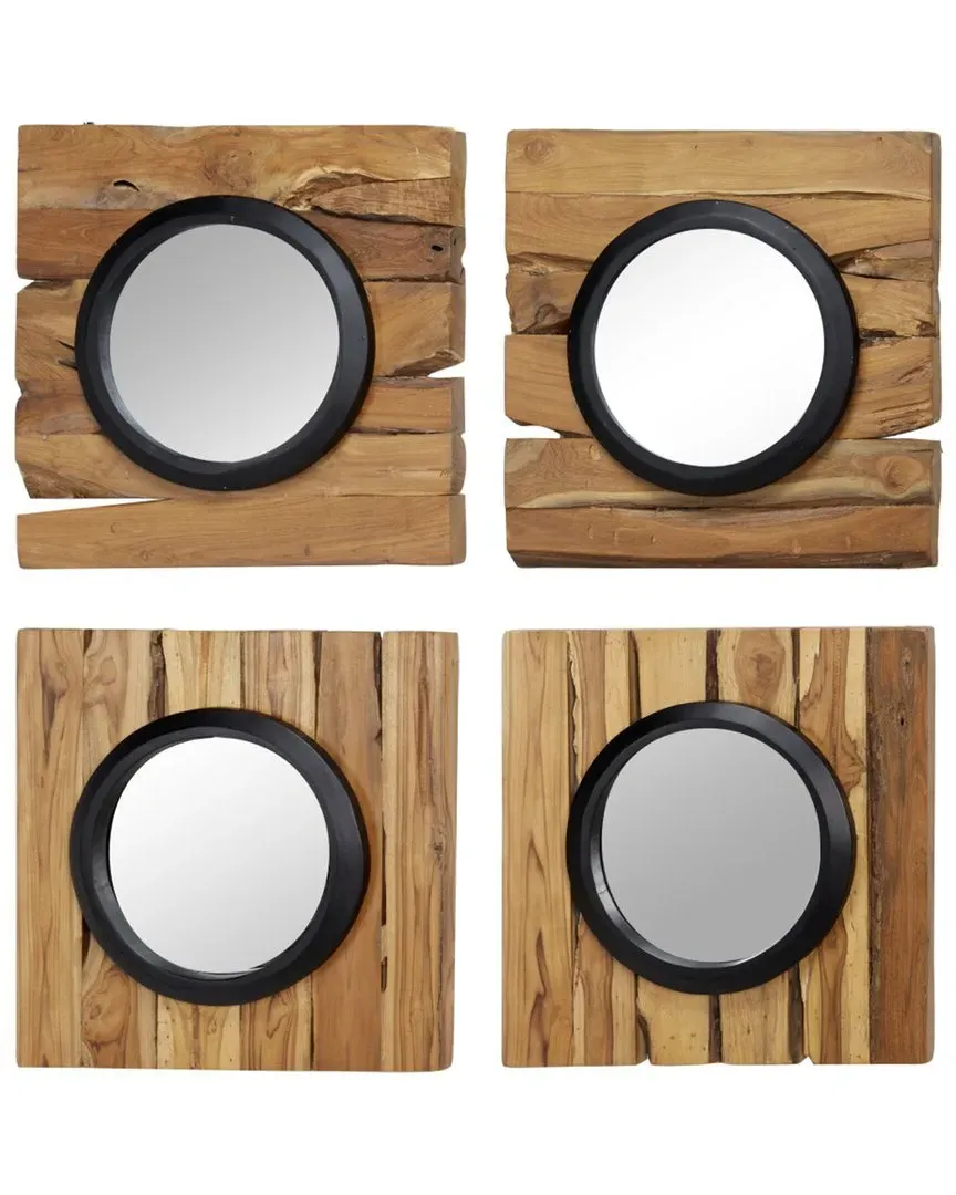 Set of 4 Round Wall Mirrors - Brown, Teak Wood image