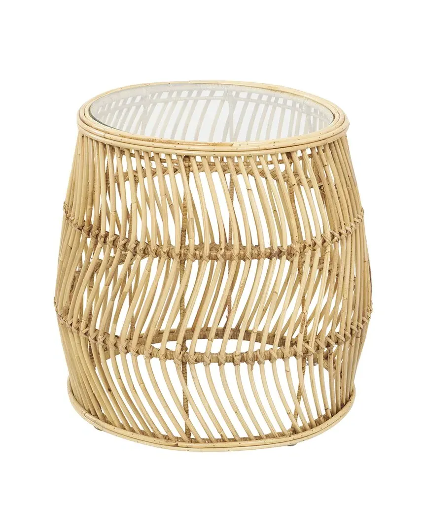 Wavy Rattan Accent Table with Glass Top - Brown