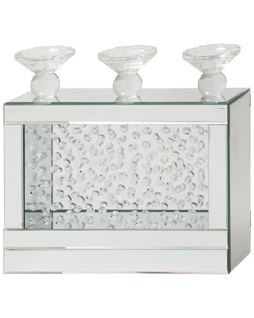 Wood Pillar 3 Plate Candle Holder with Mirrored Accents - Silver image