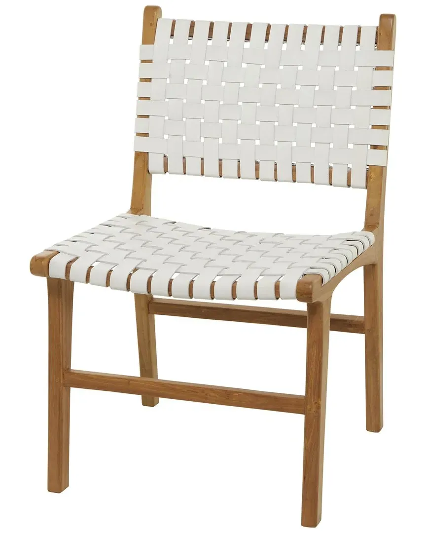 Woven Leather Dining Chair - White, Teak