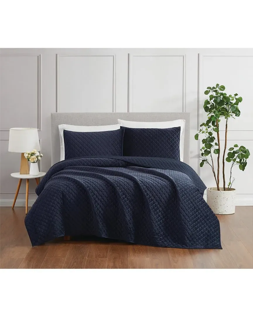 Diamond Velvet Quilt Set - Navy image