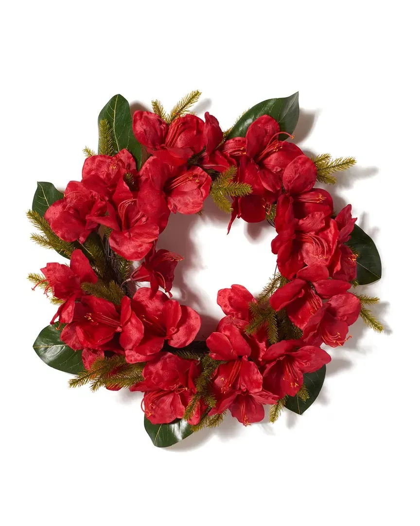 24" Amaryllis & Magnolia Leaf Wreath - Red image