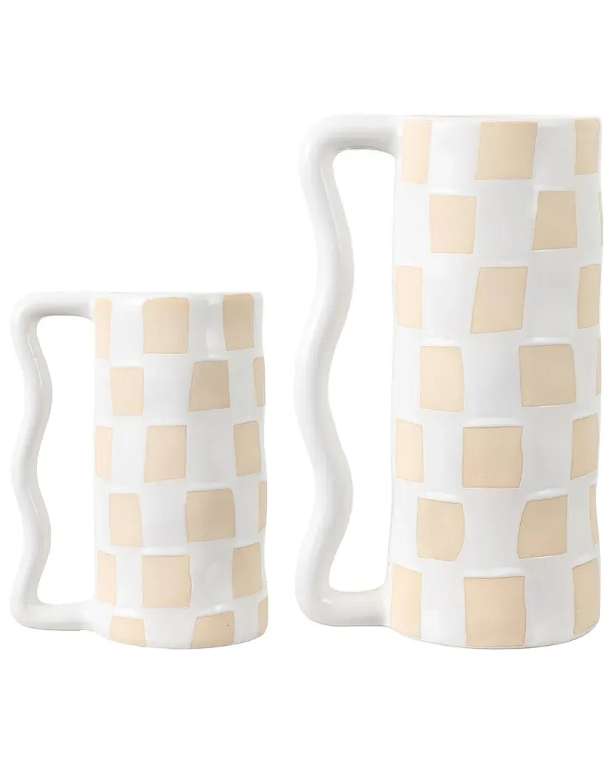 Anika Set of 2 Checkered Handle Vases - White, Ceramic image