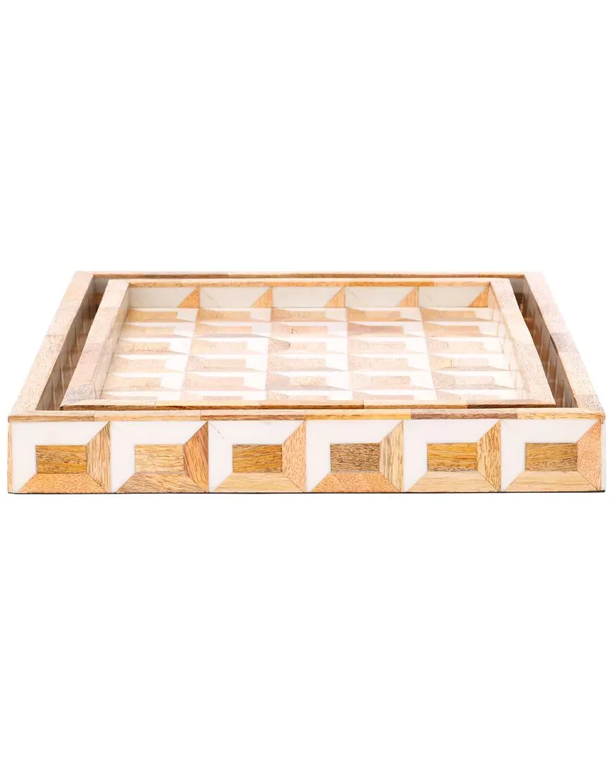 Aria Set of 2 Rectangular Trays - Antique Ivory, Mango Wood