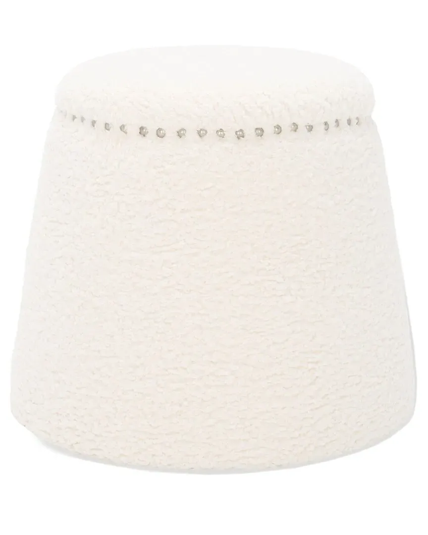 Ellerose Round Ottoman with Nailhead Trim - Ivory, Faux Wool