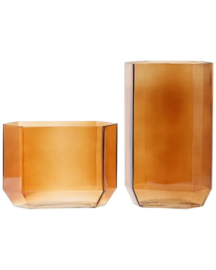 Noreno Set of 2 Hexagon Glass Vases - Orange